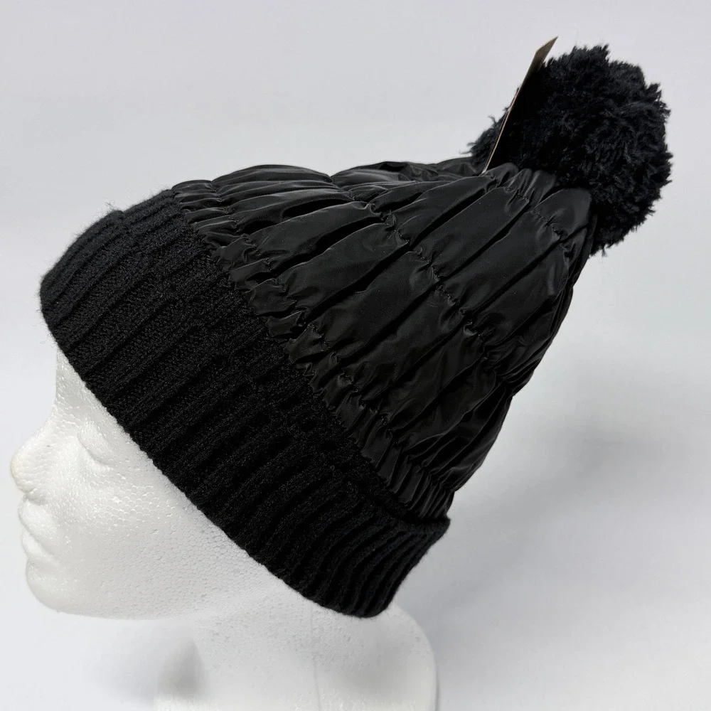 Fanes Paul Youth Beanie Black Quilted Puffer Knit Pom-Pom Hat Fuzzy Lined NEW